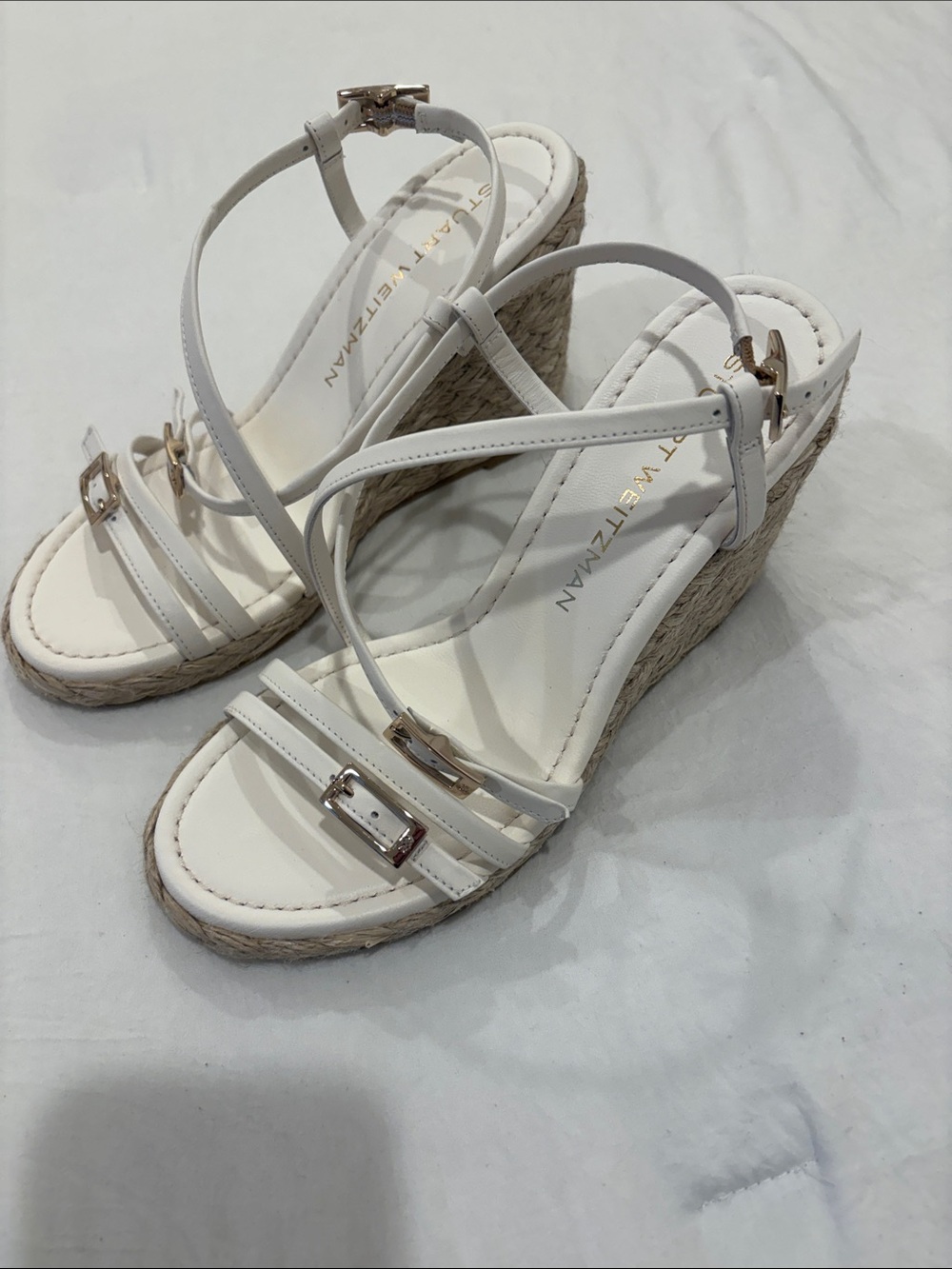 Stuart Weitzman White Leather Espadrille Wedge Sandals with Gold Buckles